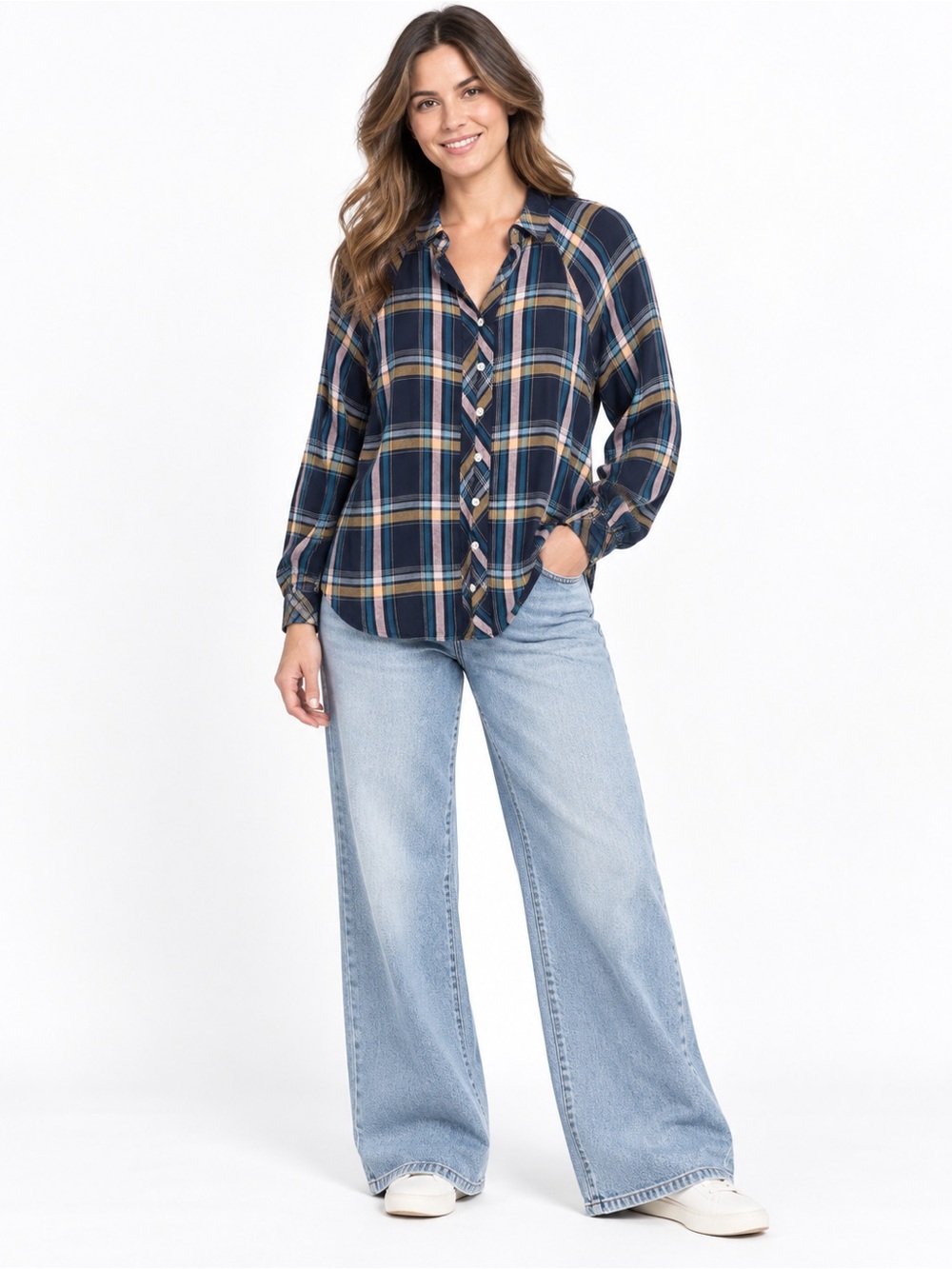 J.Jill Plaid Button Down Shirt Navy Teal Mustard Rayon SZ M Relaxed Fall Blouse